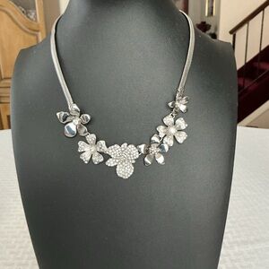 Floral Rhinestone Silver Tone Bib Necklace